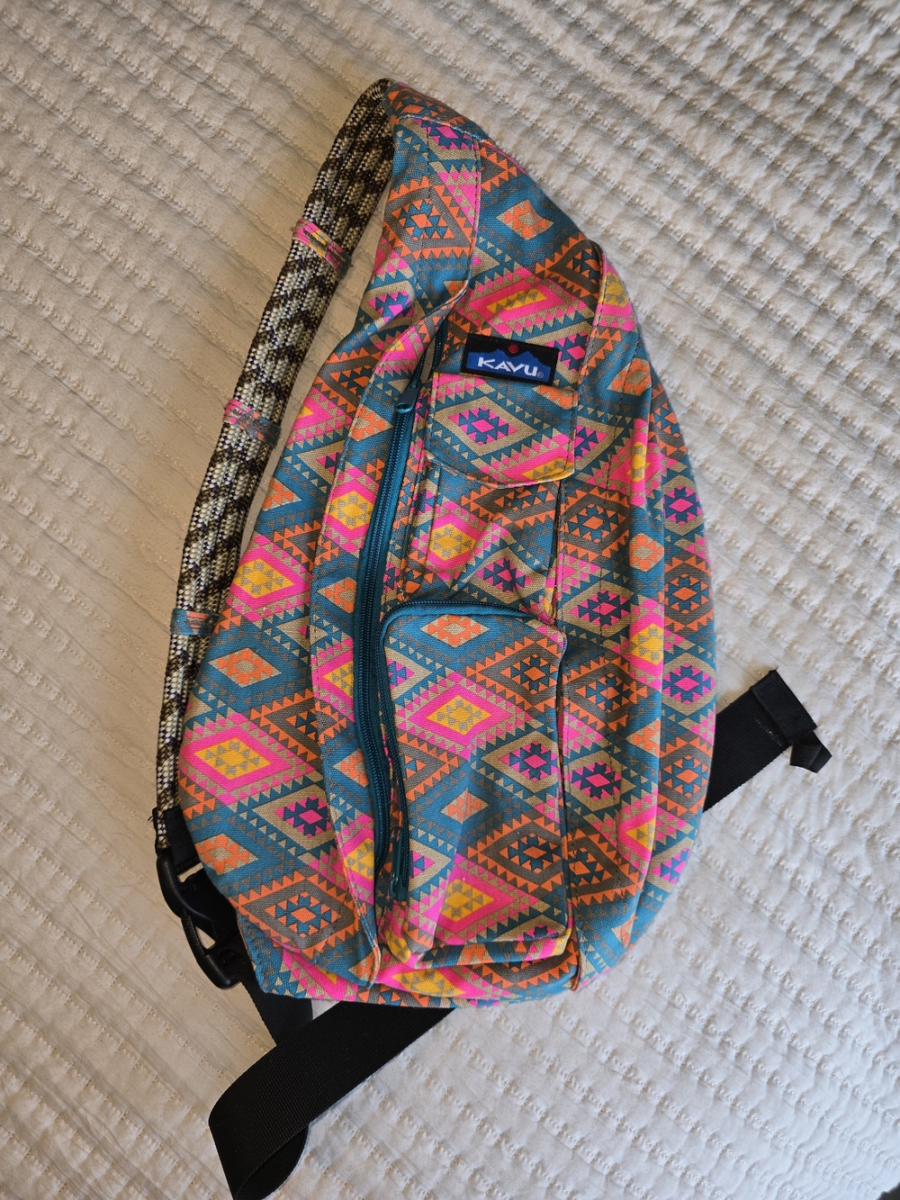 KAVU Aztec Print Rope Sling Bag in Teal & Neon